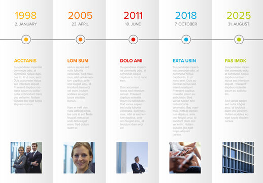 Simple horizontal timeline template on white folded paper with photo placeholders