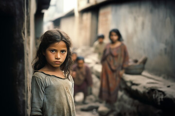 Generative AI image of serious ethnic kid standing near wall in street while looking at camera against blurred background