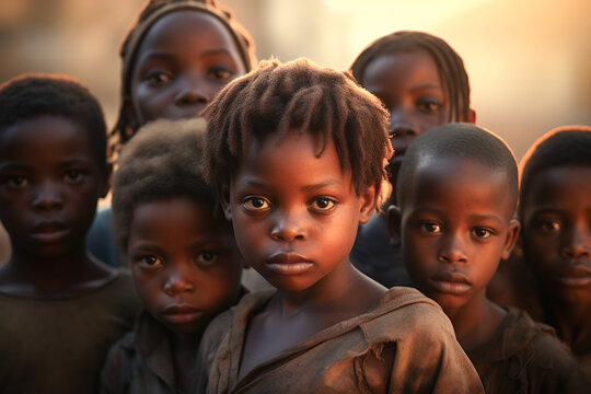 Generative AI image of serious black kids standing in street while looking at camera against blurred background at sunset