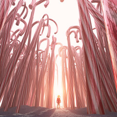 Little Girl Standing In A Candy Cane Forest