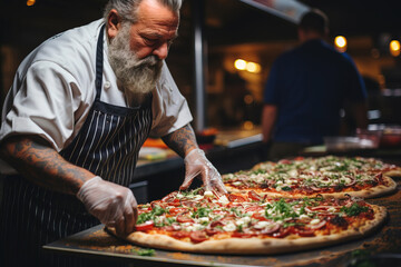 Senior cook preparing pizza in restaurant