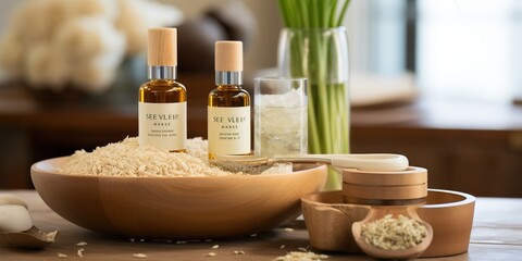 Fototapeta na wymiar Wellness banner with rice face serum and rice grain in wooden bowl on blurred interior background. Natural cosmetics based on fermented products.