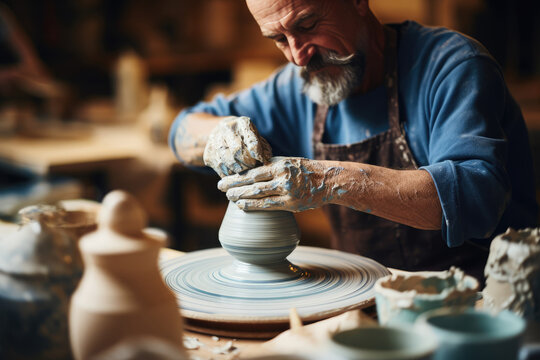 Artisan man working with clay while generating a vase. Generative AI