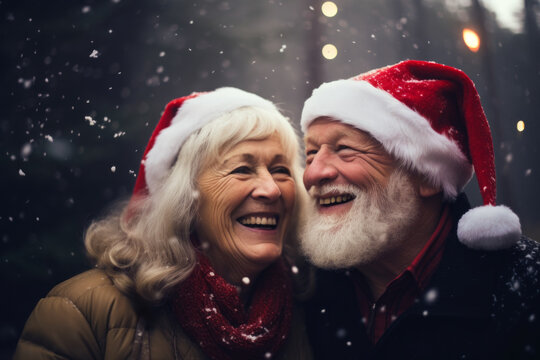 AI generative images of happy senior couple wearing Santa hat and celebrating New Year eve outdoors in a winter forest