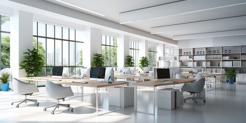 Fototapeta premium White open space office interior with blank wall