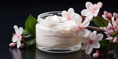 Whitening and moisturizing Face cream in an open glass jar and flowers on white background. Set for spa, skin care and body products