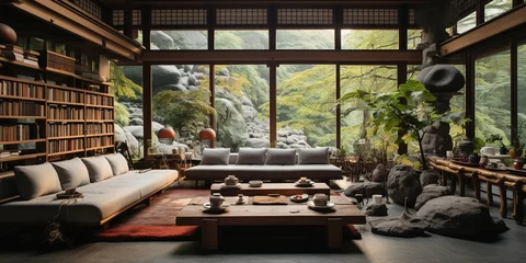 Voilages Gris 2 Wide angle of japandi living room interior decor, no people