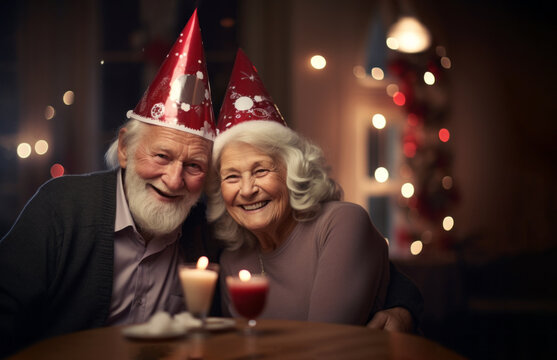 AI generative images of happy senior couple wearing red cone caps while celebrating Christmas together at home