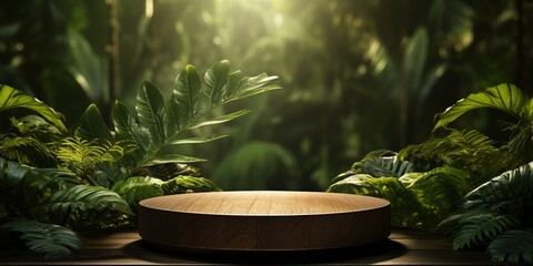 .Wooden podium in tropical forest for product presentation and green background.