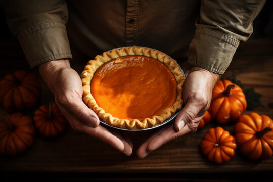 AI generative images of anonymous man holding pumpkin pie on wooden table