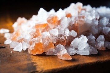 Obraz na płótnie Canvas macro shot of salt crystals on a wooden table