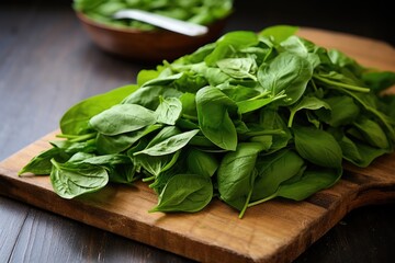 spinach leaves on a chopping board