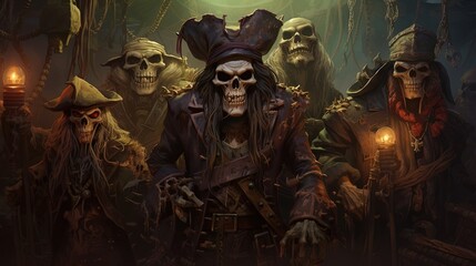 Fototapeta premium Spooky pirate crew of skeletons on board. Created with Generative Ai technology.