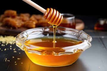 honey dripper over a bowl filled with raw honey
