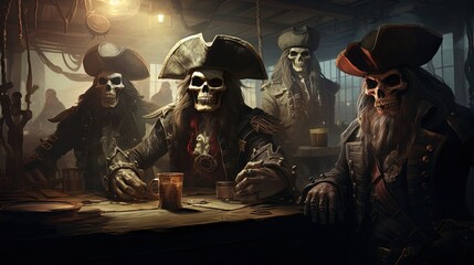 Spooky pirate crew of skeletons on board. Created with Generative Ai technology.