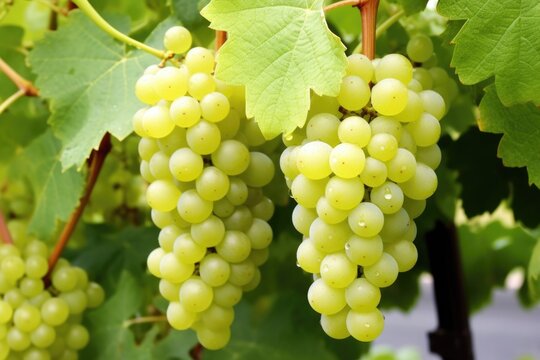 closeup of white grapes on a vine