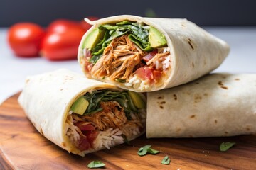 a burrito-style wrap cut in half, revealing the filling
