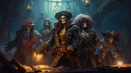 Spooky pirate crew of skeletons on board. Created with Generative Ai technology.