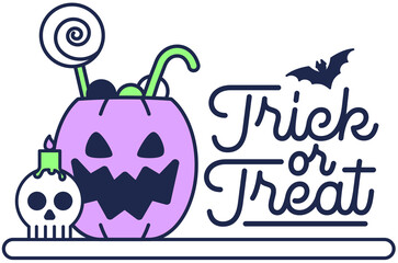 Lettering Trick or Treat with pumpkin head and skull text