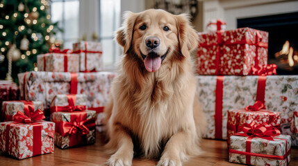 Dog with a Santa Claus Hat Sitting by a Christmas Tree Digital Art Wallpaper Background Backdrop Cover Poster
