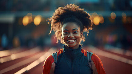 Happy athletic african american woman in sports outerwear training at stadium outdoors, front view portrait - obrazy, fototapety, plakaty