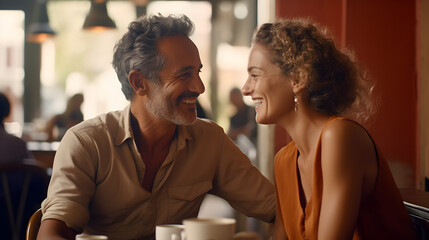 Happy senior white, caucasian couple in a cafe looking and smiling at each other - obrazy, fototapety, plakaty