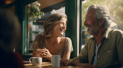 Happy senior white, caucasian couple in a cafe laughing and smiling