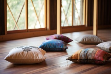 cushions placed on wooden floor for meditation