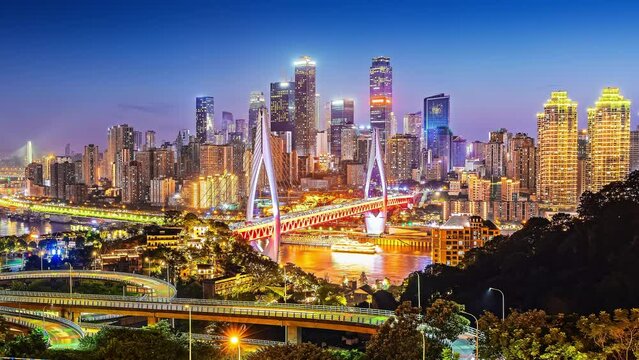 High angle time-lapse shot of Chongqing Financial District skyline. Removed building trademark and advertising