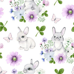 Bunny rabbits with flowers.Floral pattern.Cute animals