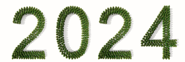 Concept or conceptual 20234 year made of green forest tree isolated on white background. An abstract 3D illustration as a  metaphor for future, celebration, nature,   environment, ecology and climate