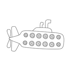 Hand drawn submarine with a periscope. Vector illustration in doodle style. Isolated on a white background. Summer vibe