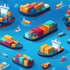Cargo ship in the sea cartoon repeat pattern industry business freight global commercial transportation