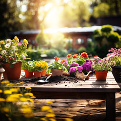 Beautiful gardening background with potted diverse flowers on garden table at sunny outdoor nature