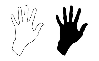 Human handprint. Adult handprint. Human fingers and palm of hands. Silhouette, outline. Icon. Vector isolated on white. For design, print, illustration, textile, postcard, poster