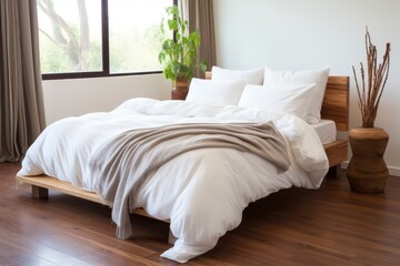 Fototapeta na wymiar organic cotton bedding on a bamboo bedframe
