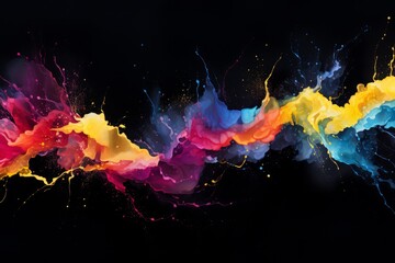 Abstract Colorful Splattering Lines on Black Background, Watercolor - obrazy, fototapety, plakaty