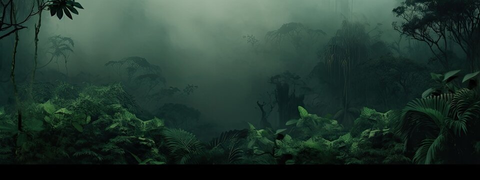 Rain forest texture background, decorated with green plants in the jungle, letter postcard background. Banner vector drawing style, copy text space. Generative AI