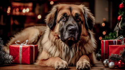 Dog with a Santa Claus Hat Sitting by a Christmas Tree Digital Art Wallpaper Background Backdrop Cover Poster