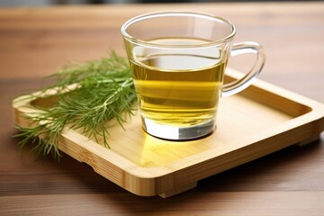 a cup of herbal tea on a bamboo serving tray