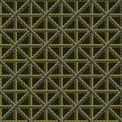 Seamless green khaki pattern with rope net. Classic square geometric grid on black background. Vintage style. Not AI