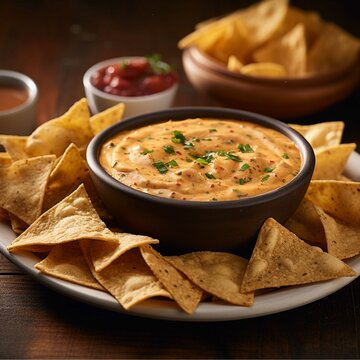 Homemade hummus with nachos on rustic wooden background