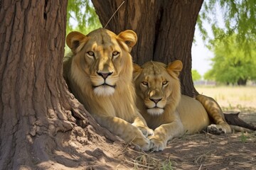 Obraz premium two lions resting under a shady tree