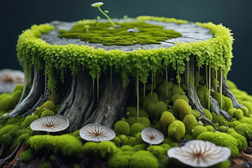 Dead gray tree stump covered in moist green moss and fungi - Generative AI - obrazy, fototapety, plakaty