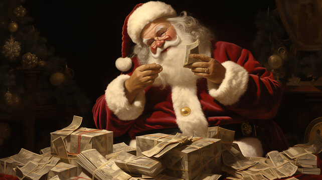 Santa Claus or Father Christmas and the cost of Christmas, showing managing holiday money expenses and budgeting for festive gifts and presents, computer Generative AI stock illustration