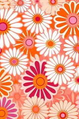 Fototapeta na wymiar Groovy 1970s vintage retro floral pink flower power illustration with orange and pink colors