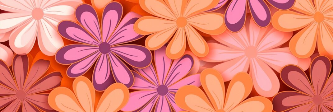 Groovy 1970s vintage retro floral pink flower power illustration with orange and pink colors