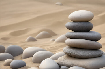 Fototapeta na wymiar Rocks stacked one one top of another is an art form. A type of Zen if you will, Detail of zen sand garden