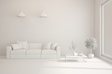 Grey interior desigh concept with furniture. 3D illustration