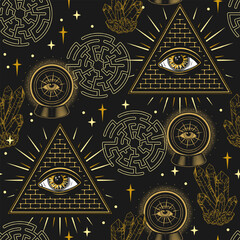 Seamless pattern with labyrinth, crystal, magic ball, all seeing eye in pyramid Concept of future prediction, wisdom, knowledge, extended mind. Mystic surreal illustration. Not AI